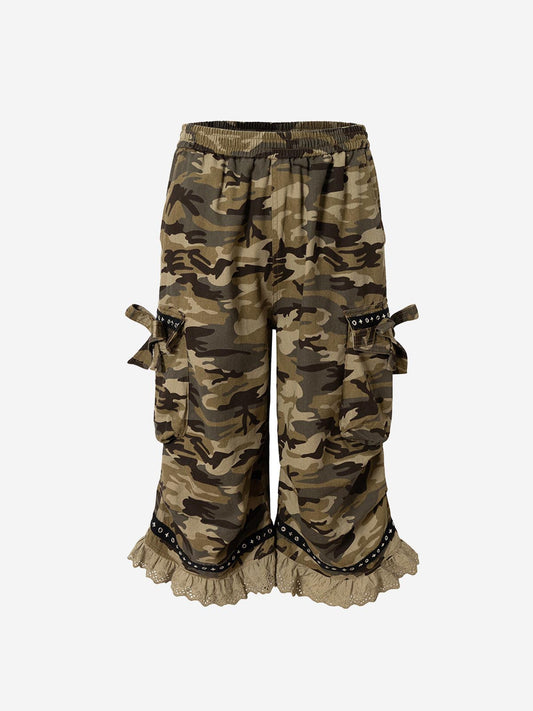 Short capri en jean avec nœud camouflage et bordure en dentelle