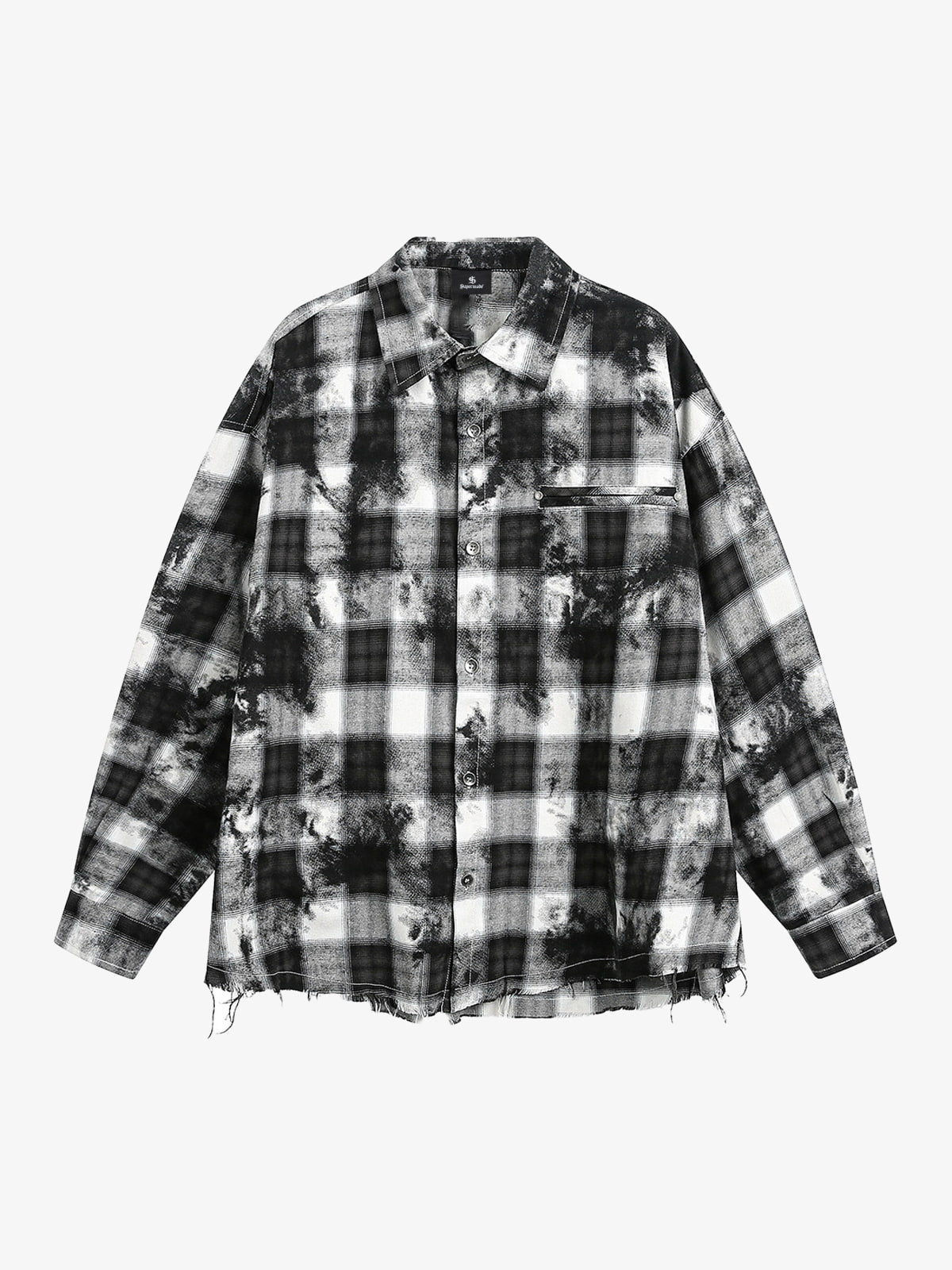 Washed Cotton Plaid Long Sleeve Shirt with Distressed Pattern and Chest Pocket 