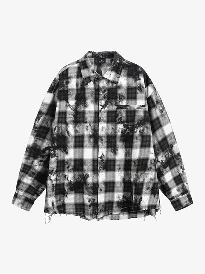 Washed Cotton Plaid Long Sleeve Shirt with Distressed Pattern and Chest Pocket 
