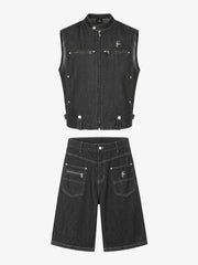 Deconstructed Embroidered Vest & Cropped Jeans Set