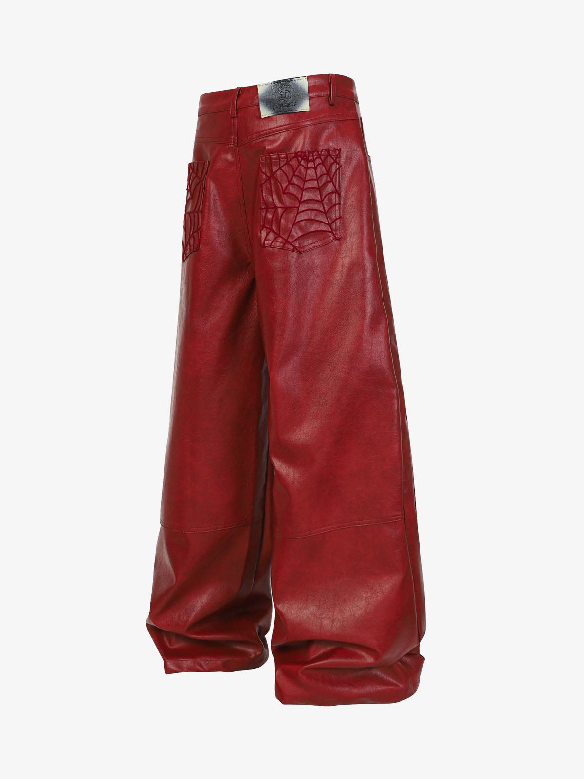 Faux Leather Wide Leg Pants with Spiderweb Embossed Pockets - Edgy Fashion Statement 