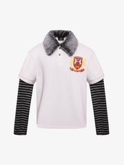 Striped Panel Faux-Fur Collar Long Sleeve Tee