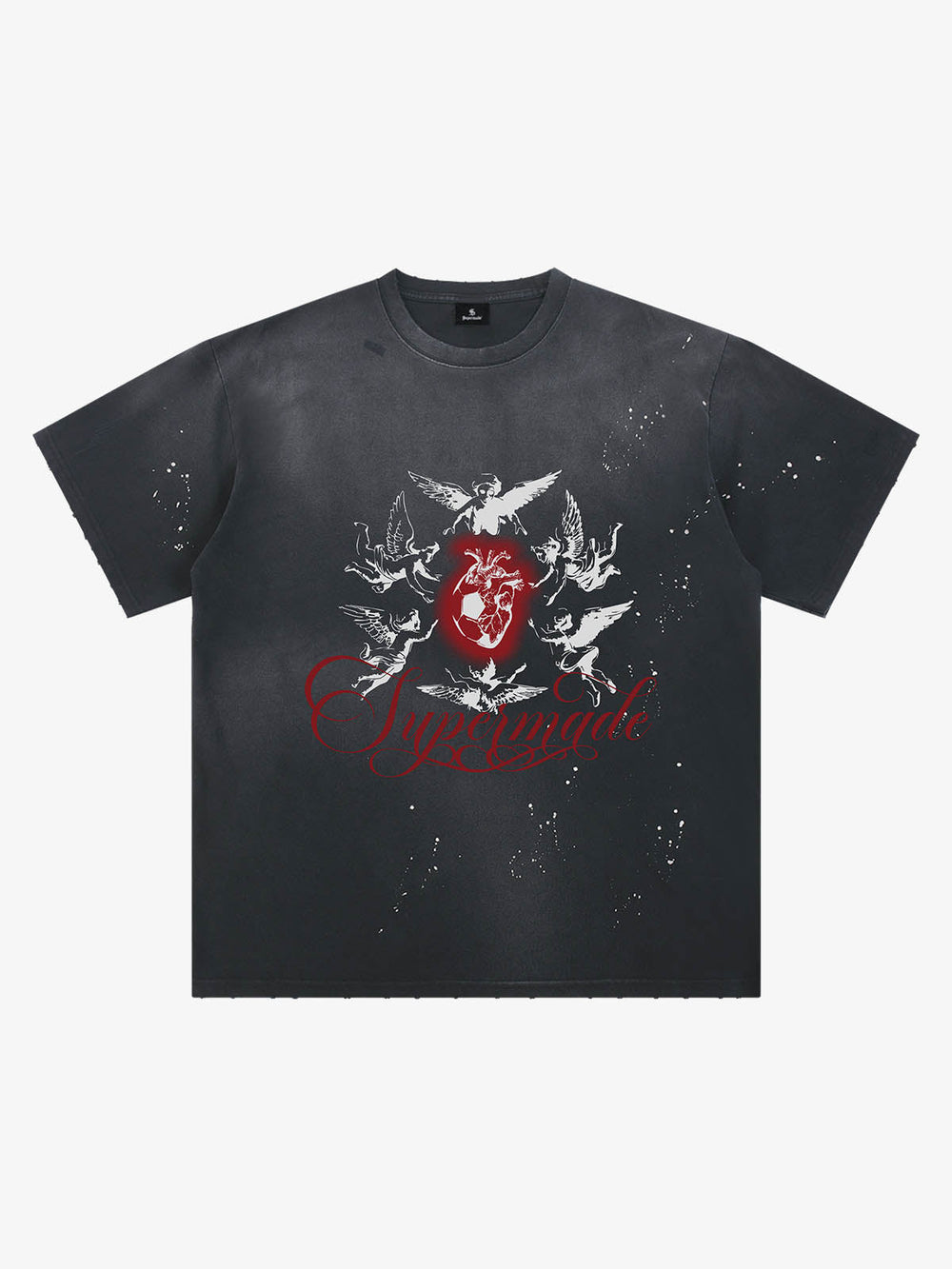 Distressed T-shirt With Ink Splatter Pattern Protecting The Heart Of Football 