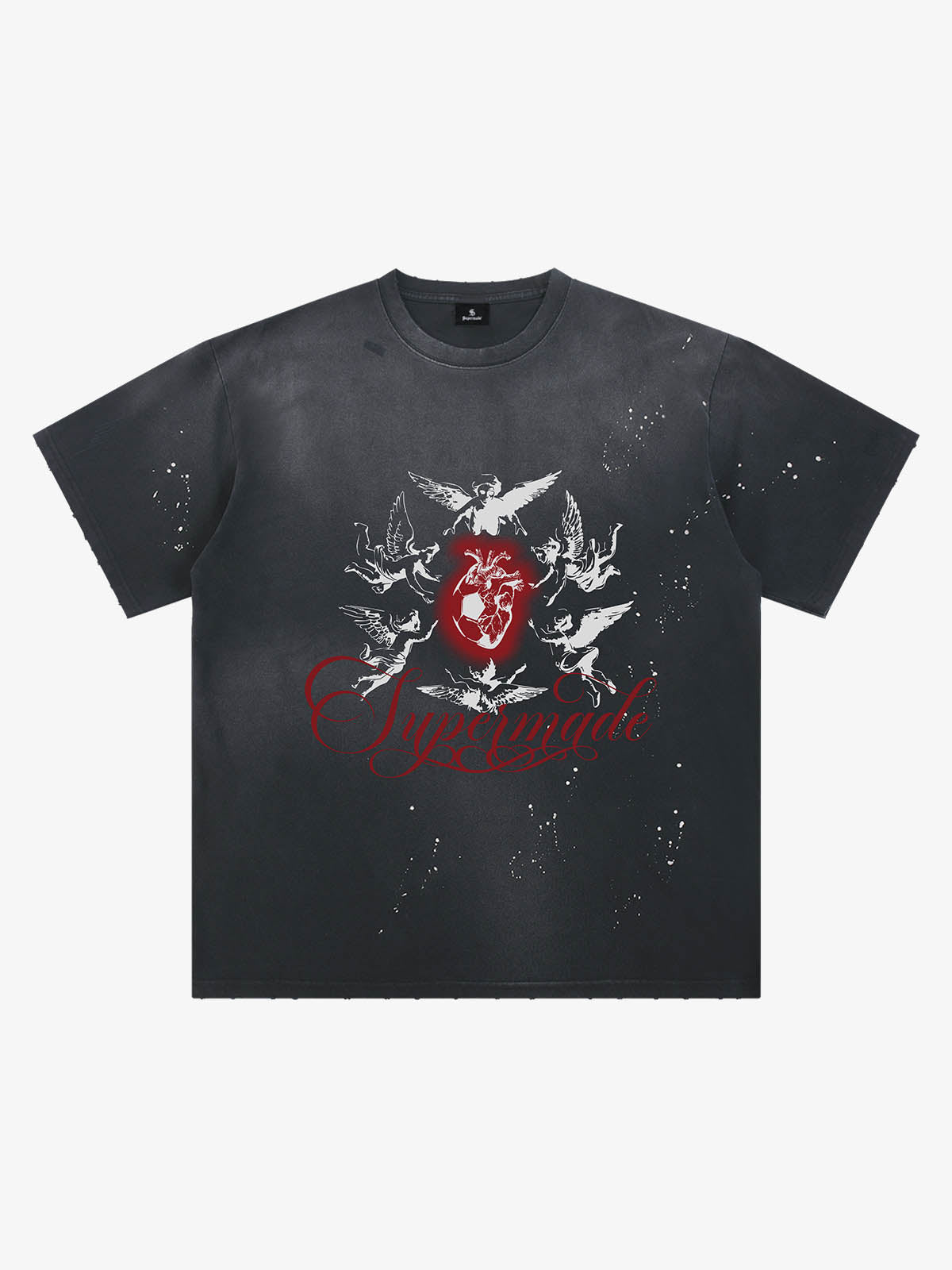 Distressed T-shirt With Ink Splatter Pattern Protecting The Heart Of Football 