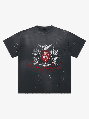 Distressed T-shirt With Ink Splatter Pattern Protecting The Heart Of Football 