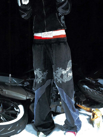 Washed Dragon Embroidered Panel Sweatpants