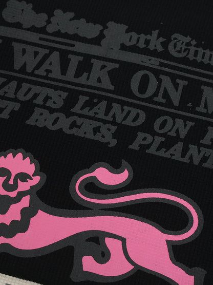 Cotton Waffle Knit Graphic T-Shirt with Moon Landing Print and Lion Design 