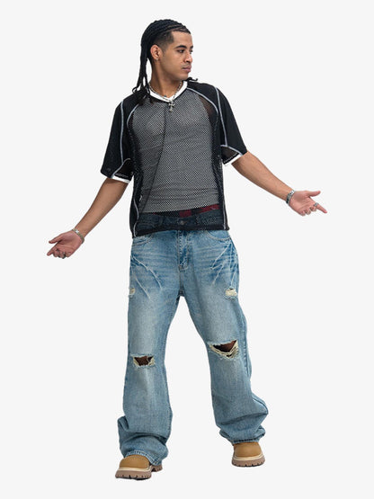 300G Jade Pattern Dyeing Mesh T-Shirt Breathable Quick-Dry Sports Tee for Men 