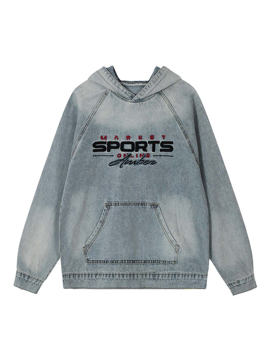 Embroidered Washed Distressed Denim Hoodie 