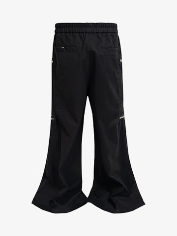 Black Nylon Cargo Pants – Wide-Leg Relaxed Fit with Zippered Pockets