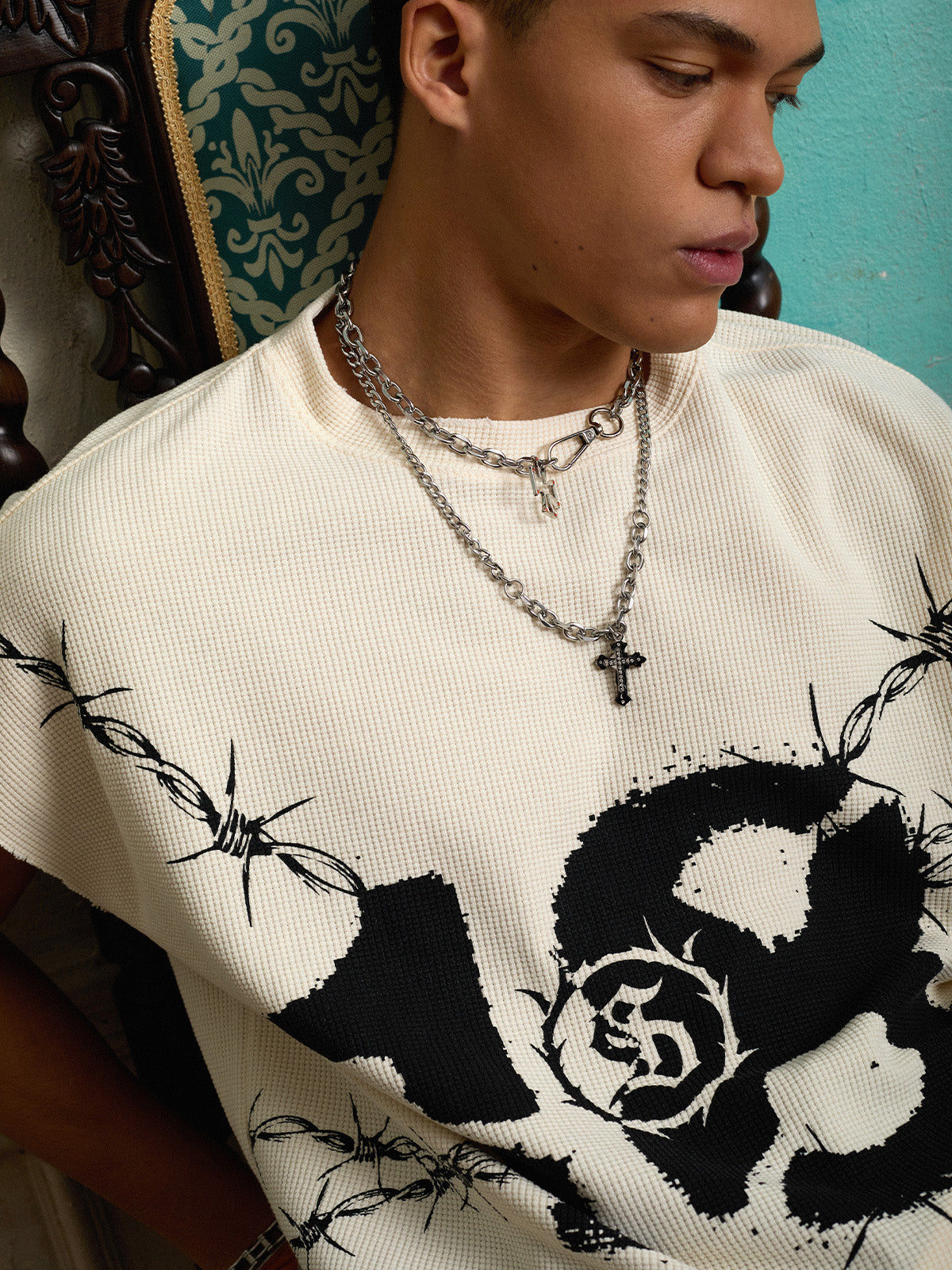 Supermade Waffle Thorn Print Sleeveless T-Shirt 