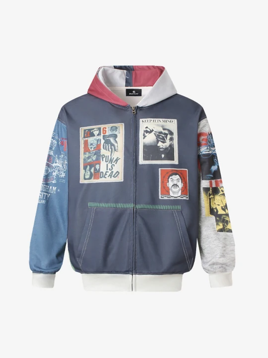 Streetwear Patchwork Graphic Zip Up Hoodie 