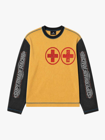 Gear Graphic Color Block Washed Waffle Long Sleeve Tee