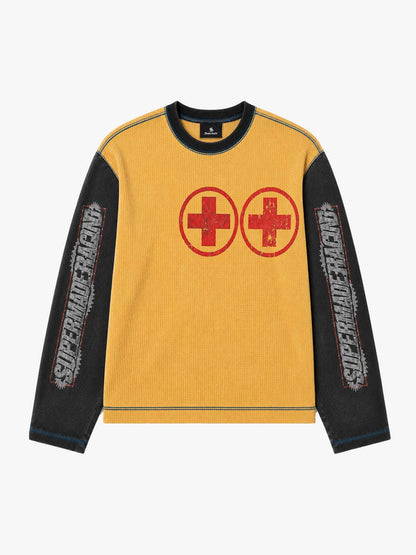 Gear Graphic Color Block Washed Waffle Long Sleeve Tee