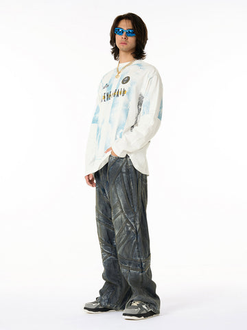 Vintage Washed Distressed Multi-Structure Patchwork Jeans 