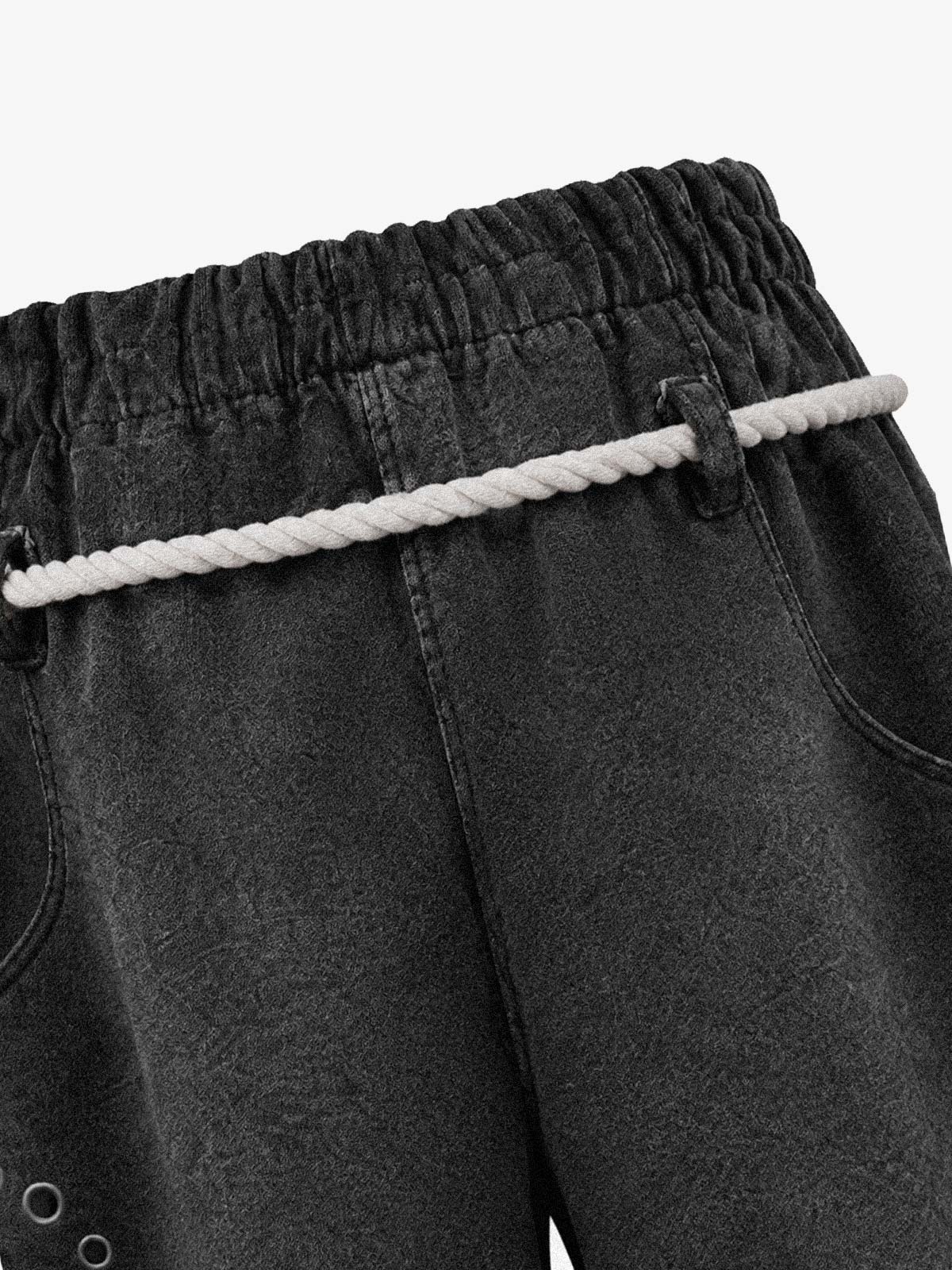 Washed Eyelet Distressed Hoodie & Curved-Leg Sweatpants Set