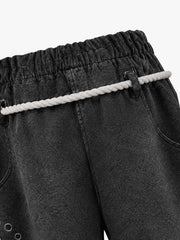 Washed Eyelet Distressed Hoodie & Curved-Leg Sweatpants Set