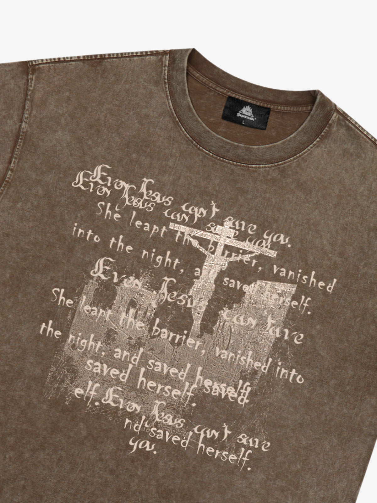 Washed Cross Overlay Text Graphic T-Shirt 