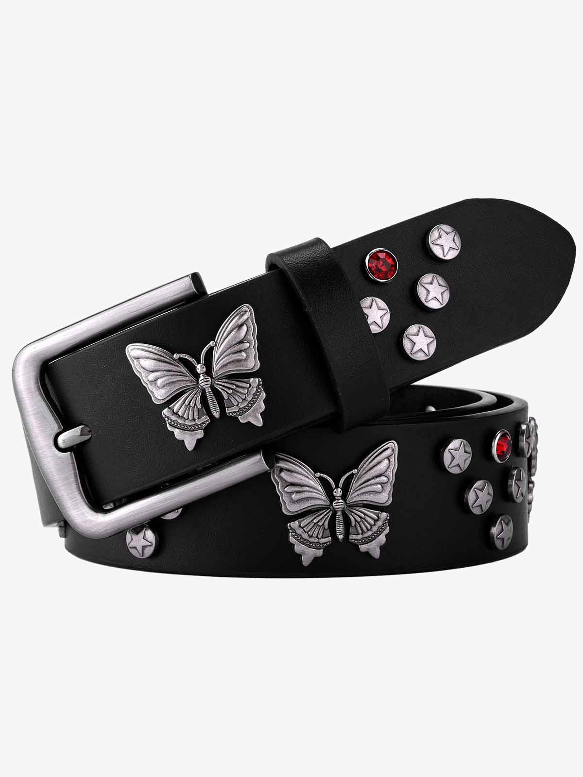Stylish Butterfly-Embellished Belt with Star Studs and Red Crystals 