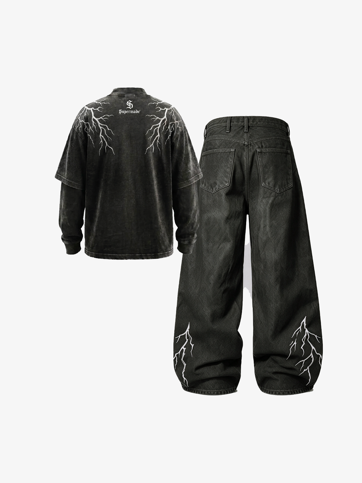 Lightning Graphic Layered Long Sleeve Tee & Curved-Leg Jeans Set