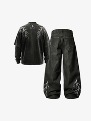 Lightning Graphic Layered Long Sleeve Tee & Curved-Leg Jeans Set