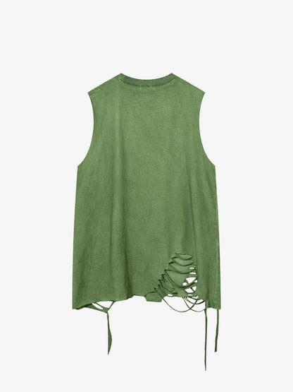 Cotton Ripped Sleeveless Tank Top with Frayed Hem and Cut-Out Details for Edgy Streetwear Style 