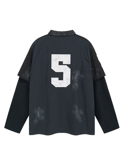 Jersey Faux Two-piece Embroidery Polo Collar Sweatshirt 