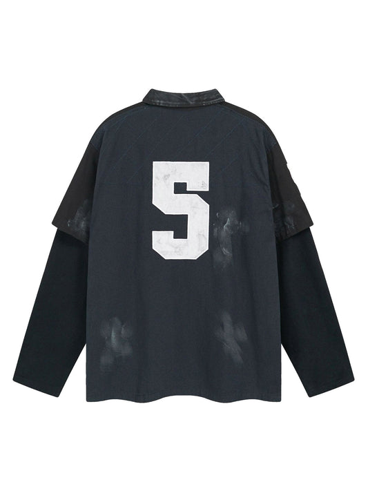 Jersey Faux Two-piece Embroidery Polo Collar Sweatshirt 
