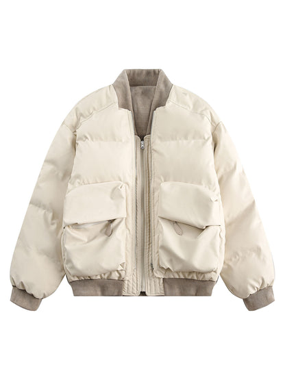 Retro Patchwork Multi Pocket Puffer Bomber Jacket 