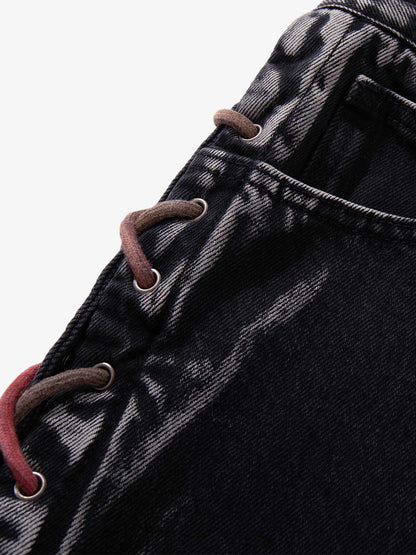 Retro Colorful Lace-Up Side Panel Spray-Washed Wide Leg Jeans 