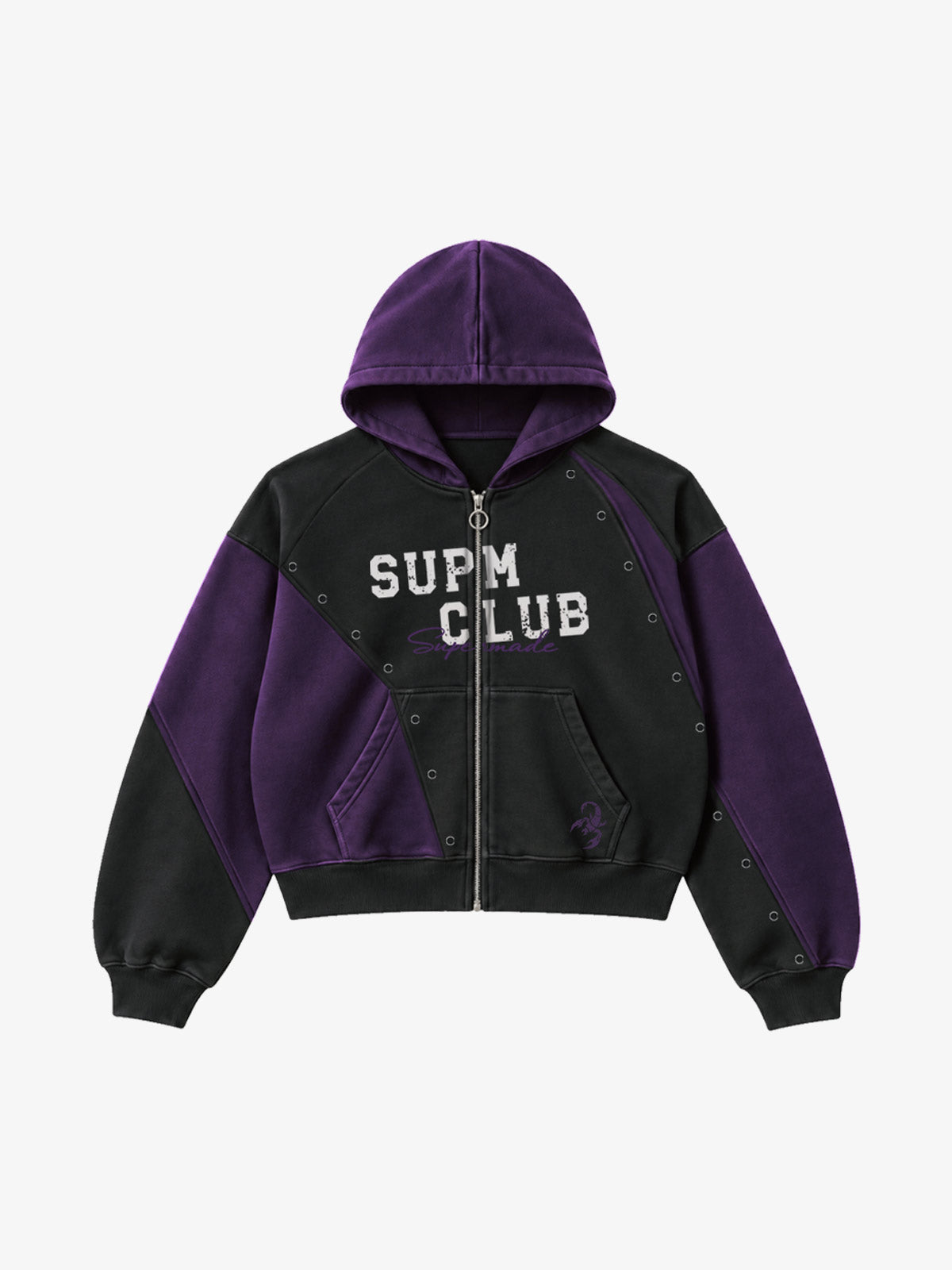 Contrast Panel Studded Zip-Up Hoodie