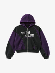 Contrast Panel Studded Zip-Up Hoodie