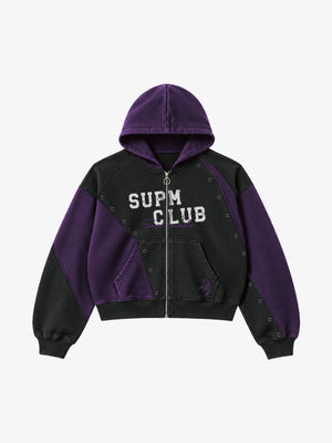 Contrast Panel Studded Zip-Up Hoodie