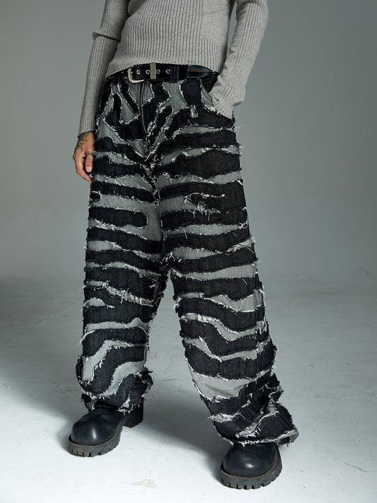 Frayed Zebra Striped Patchwork Wide Leg Jeans 