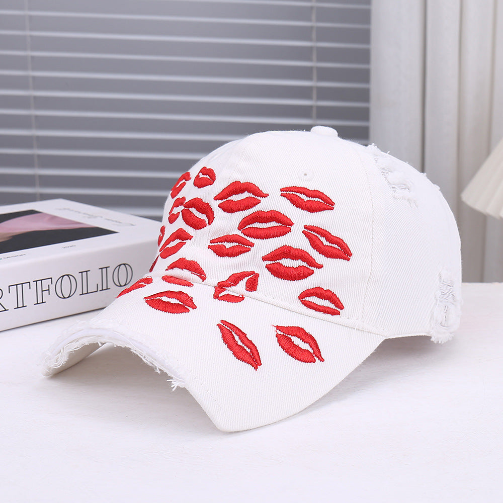 Red Lip Embroidery Distressed Baseball Cap 