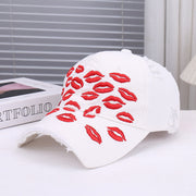 Red Lip Embroidery Distressed Baseball Cap 