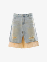 Faux Two-Piece Ripped Denim Shorts 