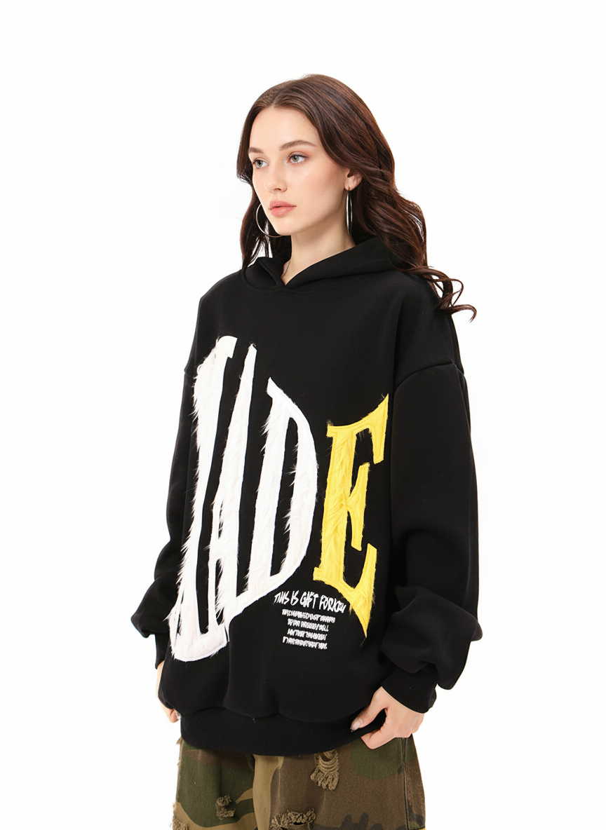 Retro Chenille Lettering Fleece Hoodie 