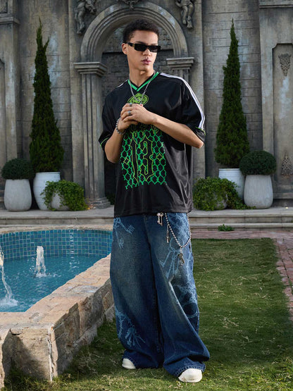 Supermade Color-Blocked V-Neck Embroidered Jersey Short-Sleeved 