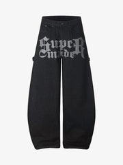 Gothic Graphic Raw Denim Baggy Barrel Jeans