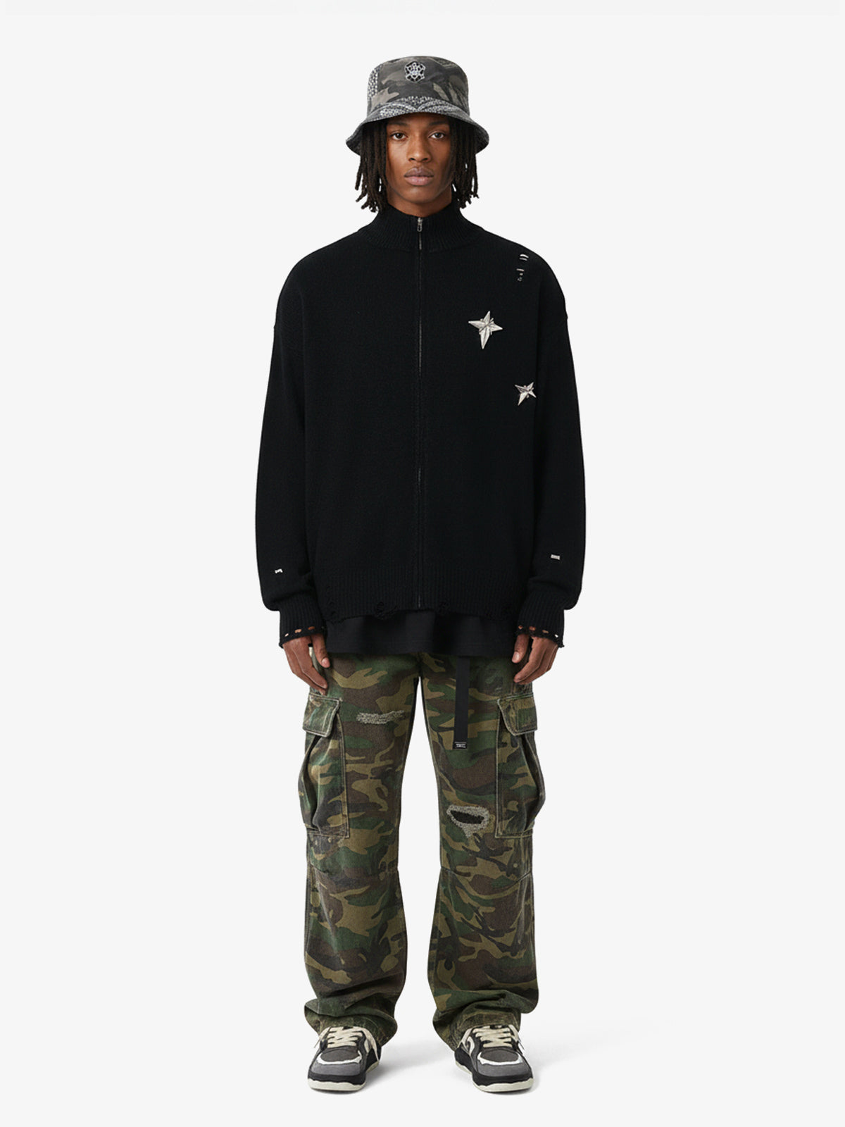 Woven Ripped Camouflage Cargo Baggy Pants - 2410 