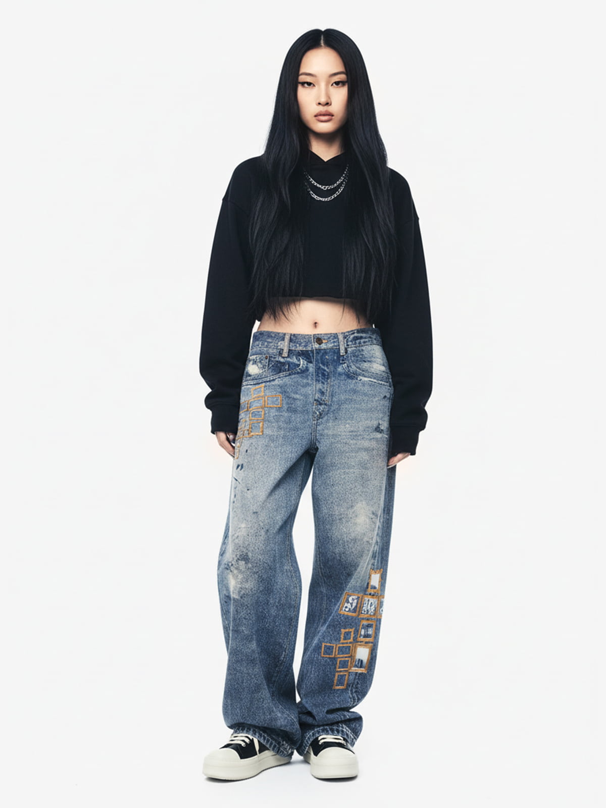 Frame Cross Print Denim Jeans 