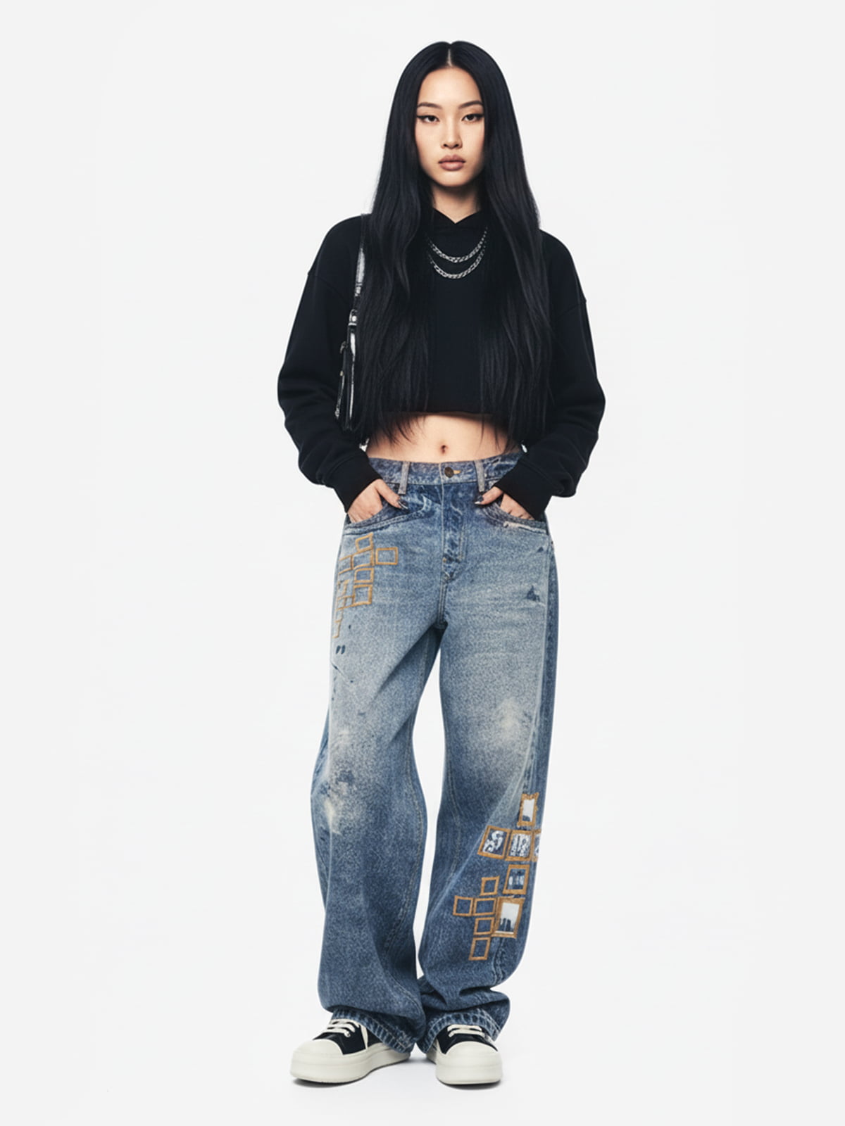 Frame Cross Print Denim Jeans 