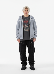 Vintage Suede Letter Embroidered Cropped Zip Up Hoodie 