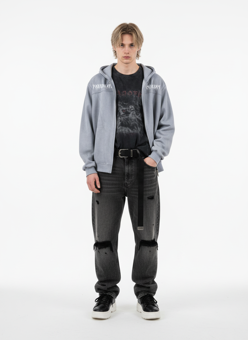 Vintage Suede Letter Embroidered Cropped Zip Up Hoodie 