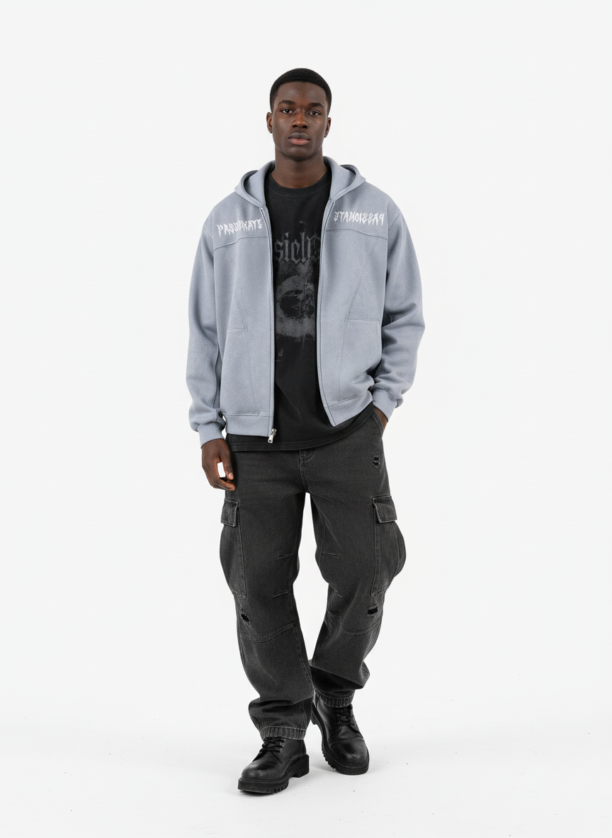Vintage Suede Letter Embroidered Cropped Zip Up Hoodie 