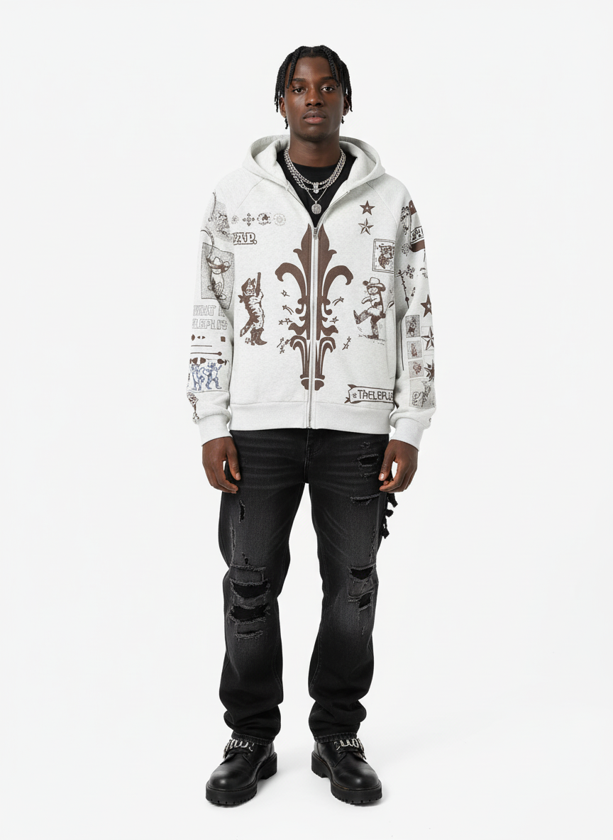 Street Retro Cat Graffiti Hooded Zipper Sweatshirt 