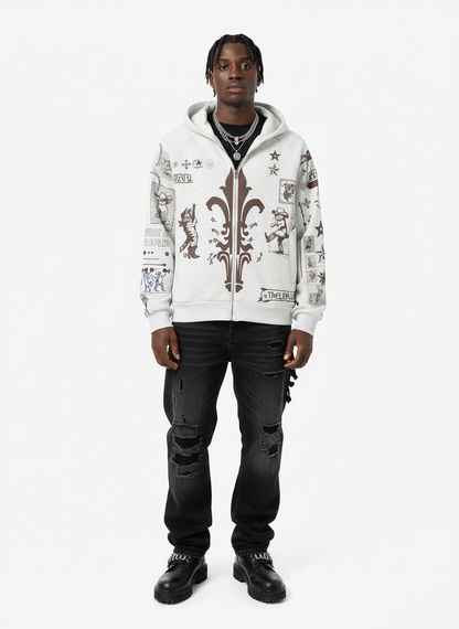 Street Retro Cat Graffiti Hooded Zipper Sweatshirt 