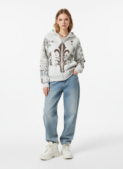 Street Retro Cat Graffiti Hooded Zipper Sweatshirt 