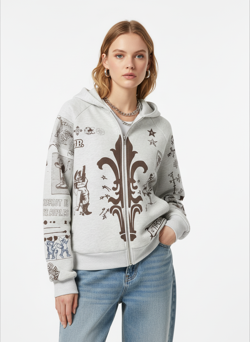 Street Retro Cat Graffiti Hooded Zipper Sweatshirt 